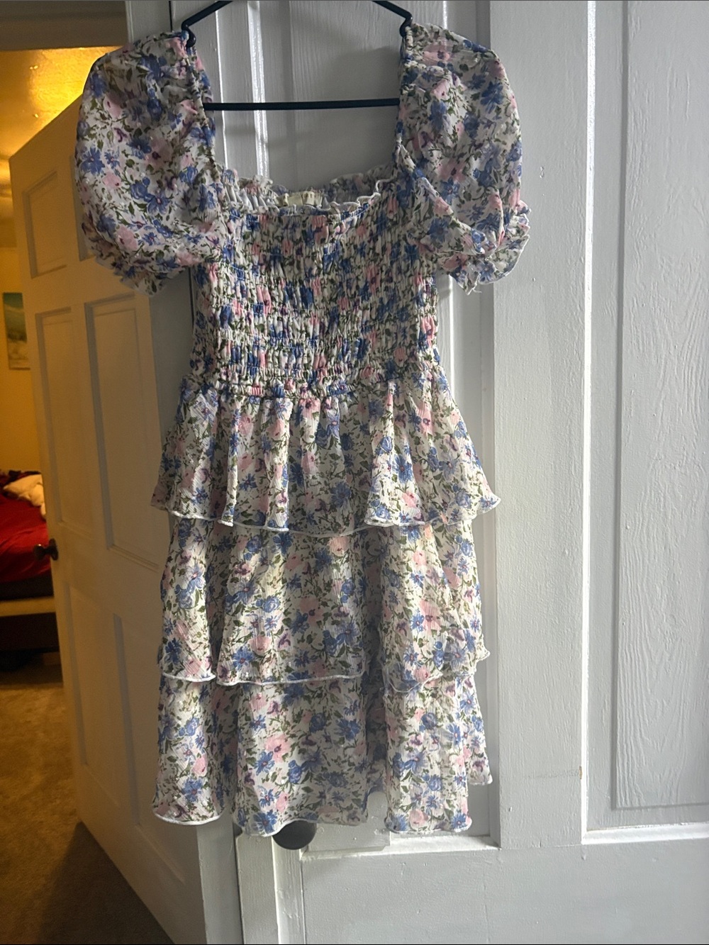 Tiered Puff-Sleeve Floral Mini Dress in Cream and Pink